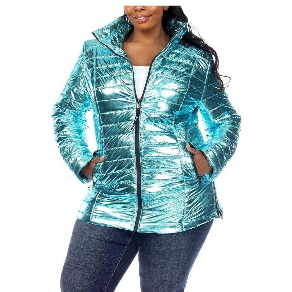 White Mark Womens Plus 2X Mint Metallic Full Zip Puffer Jacket Coat NWT BW10